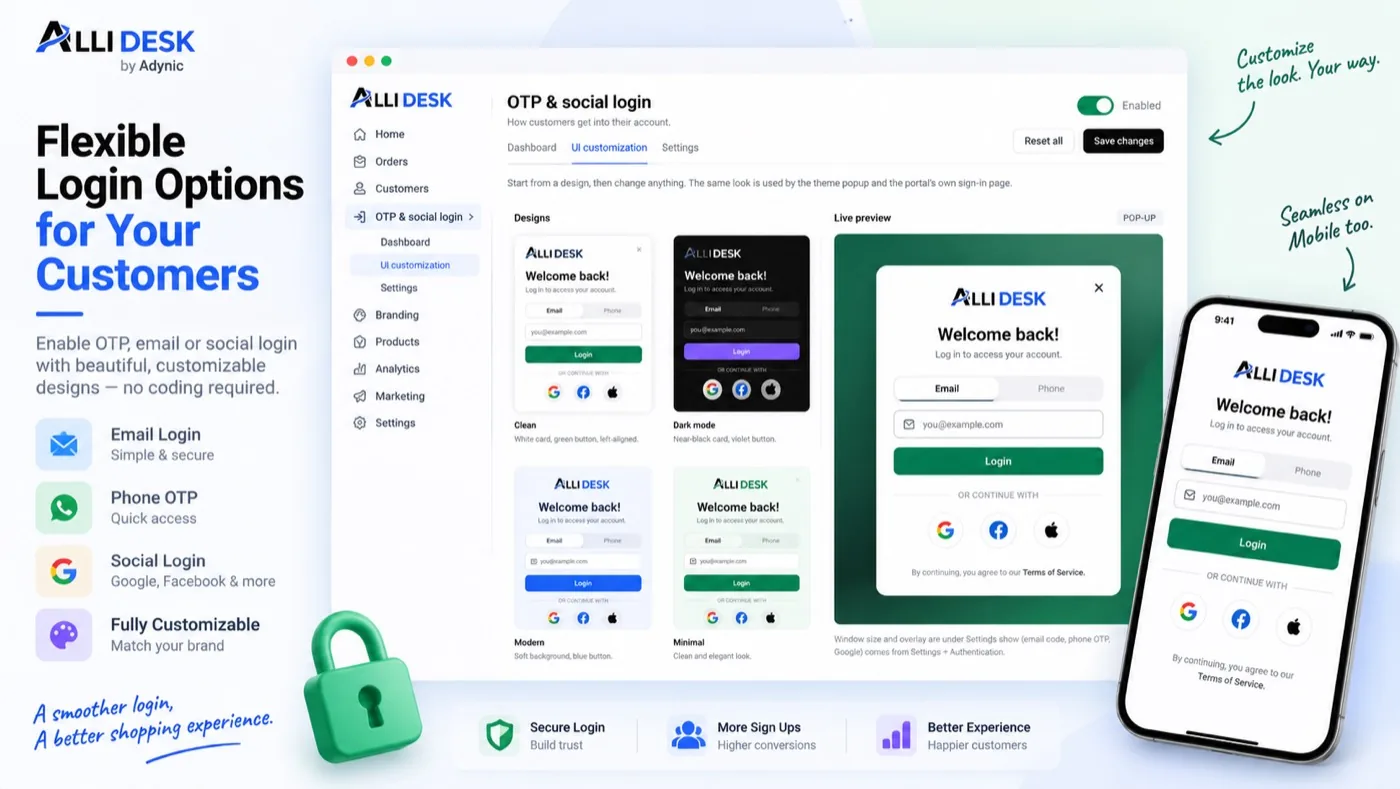 AlliDesk OTP and social login settings with sign-in window designs, a live preview and the same window on a phone