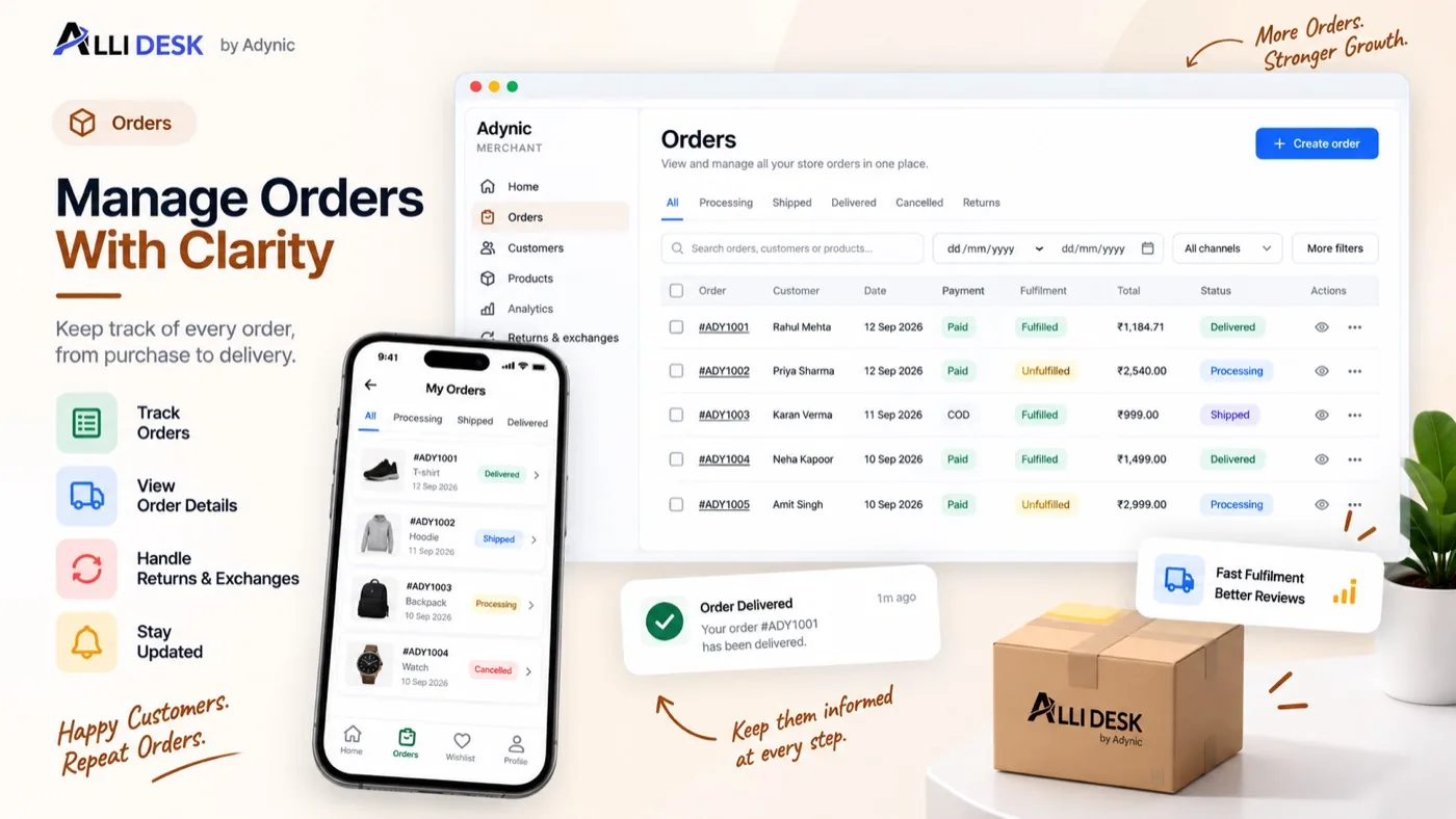 AlliDesk orders list with paid and cash-on-delivery orders, and a customer's orders on a phone